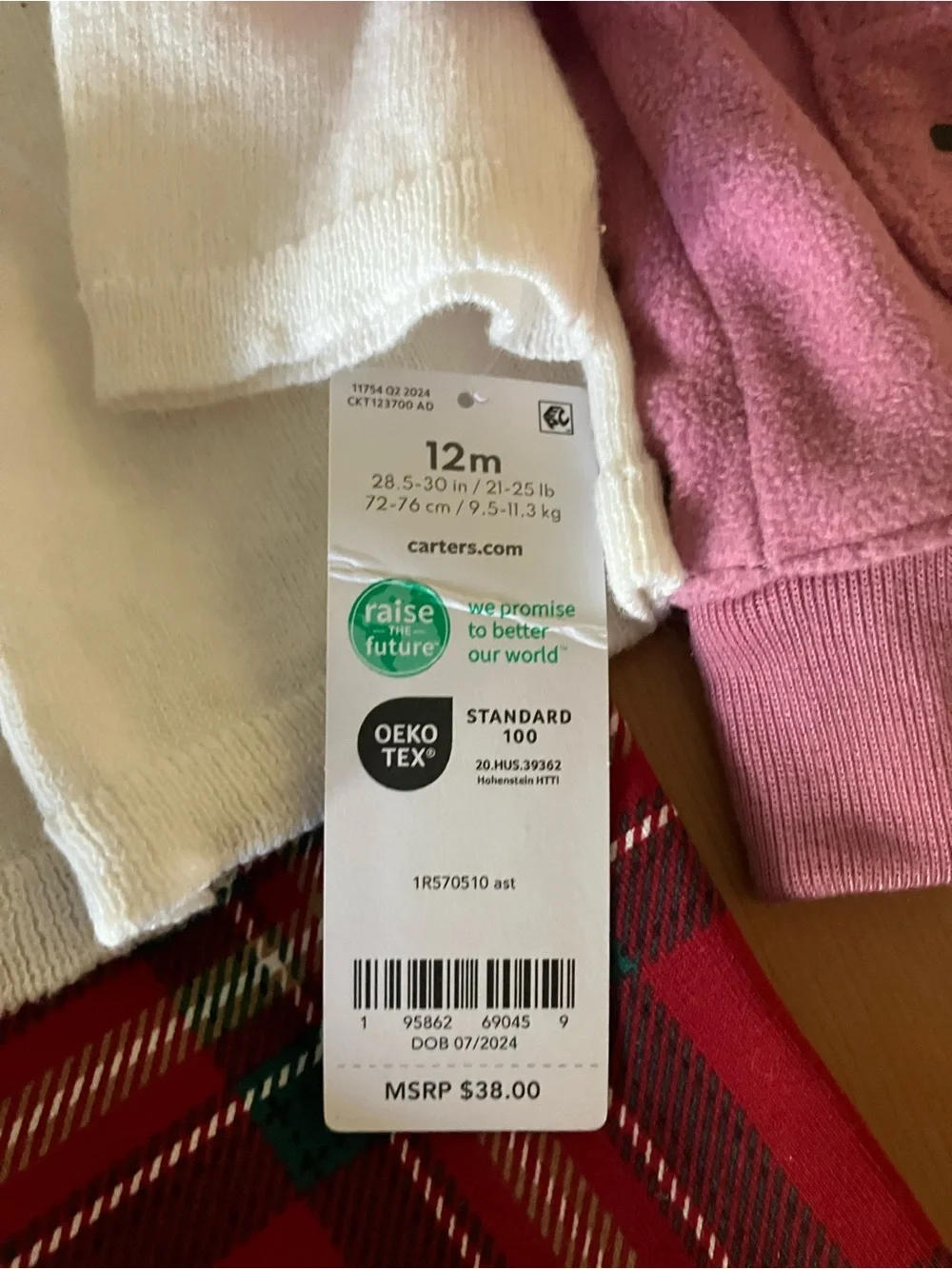 NEW CartersHoliday Outfit Set - Cream Top, Red Plaid Pants & Mauve Hooded Jacket